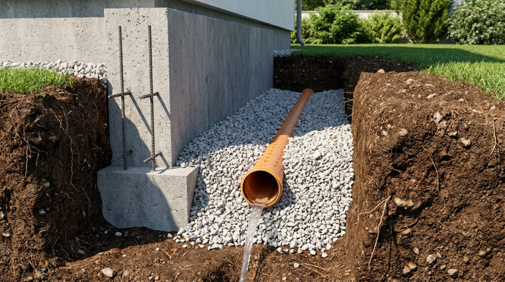 Coupe transversale montrant un tuyau de drainage perforé installé dans une tranchée remplie de gravier près d'un mur.