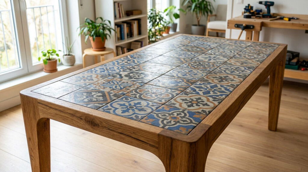 Table en bois massif avec un plateau incrusté de carreaux de ciment aux motifs géométriques bleus et ocres.