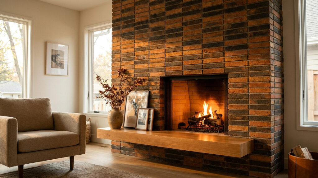 Cheminée moderne en briques apparentes avec un manteau en bois flottant et un foyer allumé dans un salon cosy.