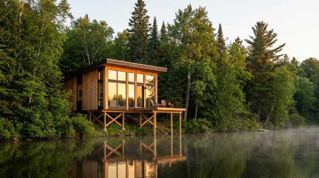 Cabane moderne en bois sur pilotis au bord d'un lac entourée par une forêt dense au lever du soleil.
