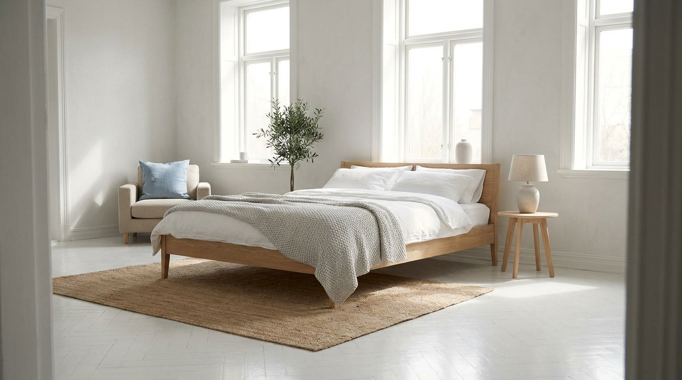 Chambre sereine avec lit en bois, parquet blanc, tapis en jute et grandes fenêtres laissant entrer la lumière naturelle.
