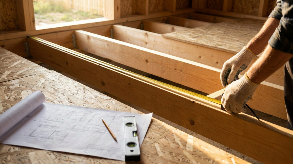 Ouvrier utilisant un mètre ruban pour mesurer l'entraxe entre des solives en bois sur un chantier de construction.