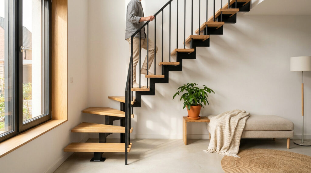 Un homme monte un escalier contemporain à pas alternés avec des marches en bois et une structure en métal noir.
