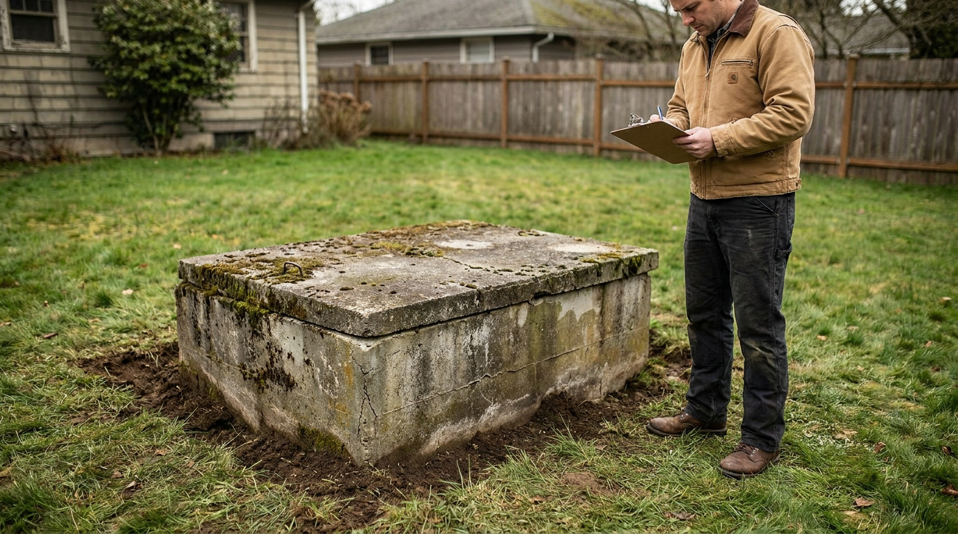 Un technicien inspecte une ancienne fosse septique en béton recouverte de mousse dans un jardin.