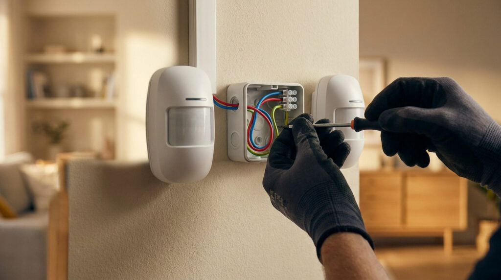 Électricien utilisant un tournevis pour brancher des détecteurs de mouvement sur un mur intérieur.