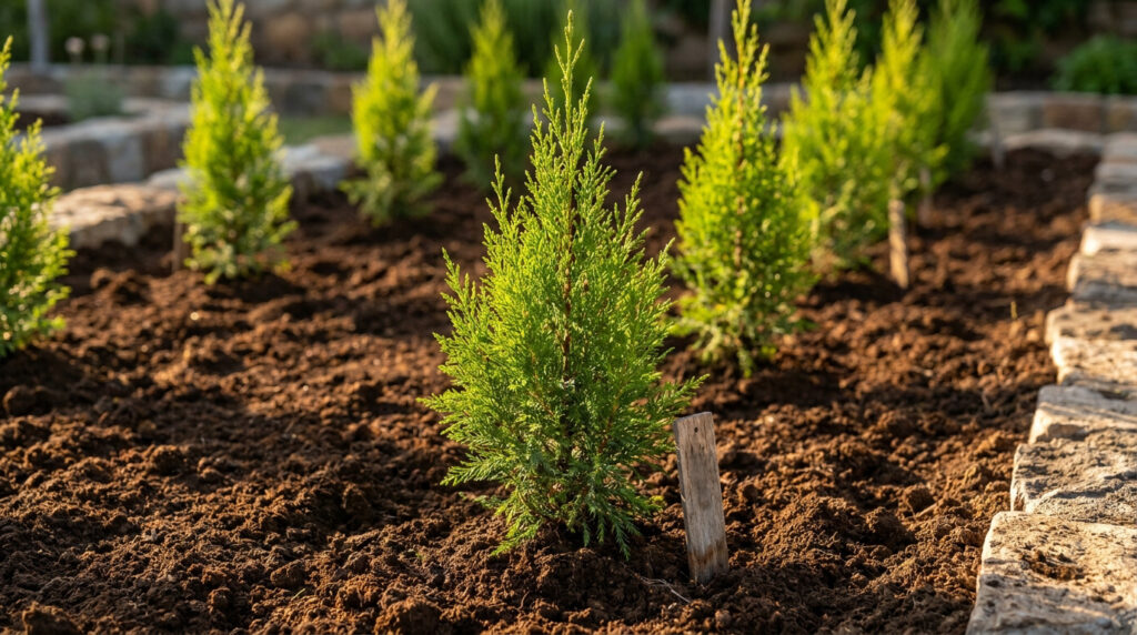 Jeunes plants de cyprès alignés dans un jardin avec de la terre sombre et une bordure en pierre au coucher du soleil.