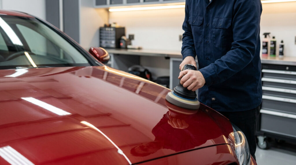 Un technicien utilise une polisseuse électrique pour entretenir la carrosserie rouge brillante d'une voiture en atelier.
