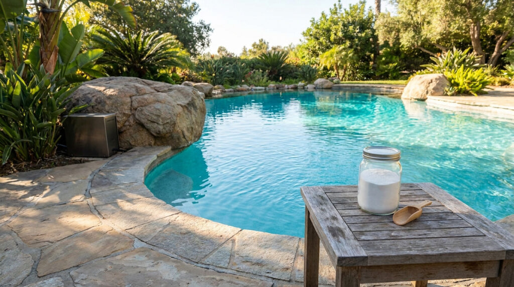 Un bocal de poudre nettoyante près d'une piscine extérieure luxuriante.