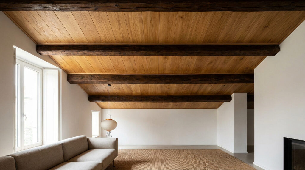 Plafond mansardé avec lambris en bois naturel posé entre des poutres apparentes sombres dans un salon lumineux.