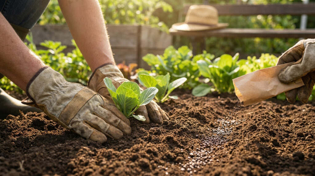 Gros plan sur des mains gantées plantant des semis et semant des graines dans la terre du jardin.