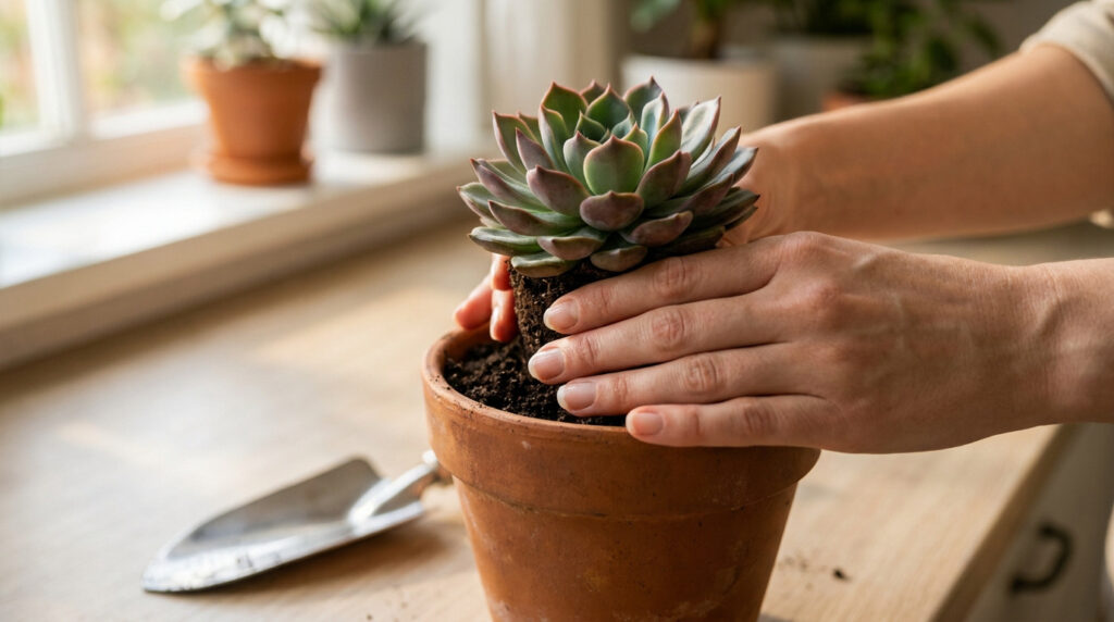 Mains posant une succulente dans un pot en terre cuite avec une pelle de jardinage sur une table en bois.