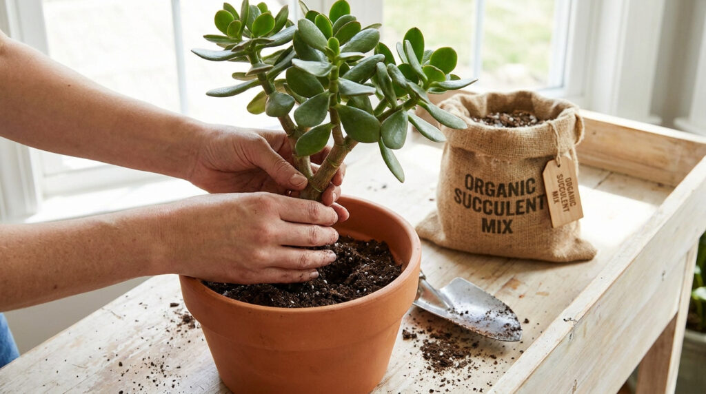 Personne rempotant un arbre de jade dans un pot en terre cuite avec du terreau spécial succulentes.