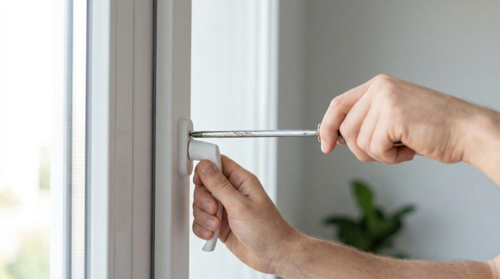 Mains d'une personne utilisant un tournevis pour dévisser la poignée d'une fenêtre en PVC blanc.
