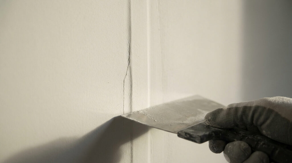 Main gantée utilisant une spatule pour réparer une fissure visible sur une bande de plâtre.