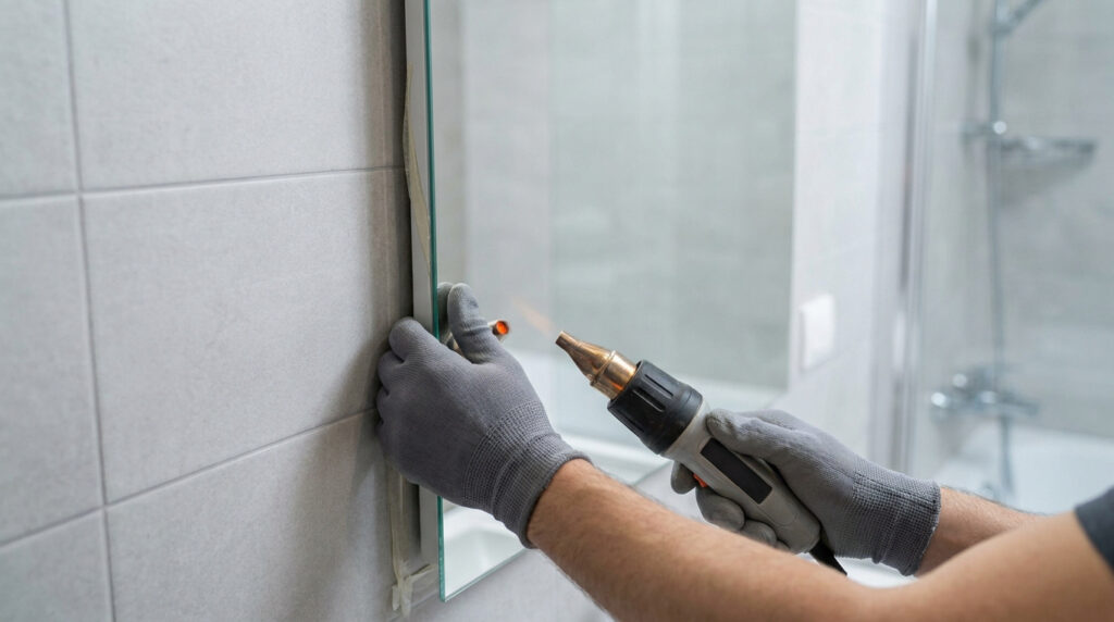 Mains gantées utilisant un décapeur thermique pour décoller un miroir fixé sur un mur carrelé.