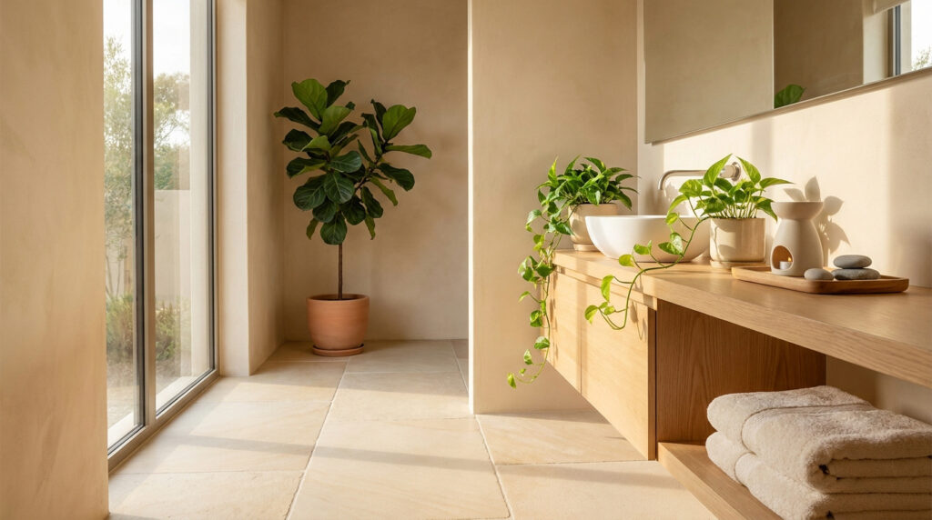 Salle de bain minimaliste aux tons beiges avec des plantes vertes, des serviettes pliées et une lumière naturelle douce.