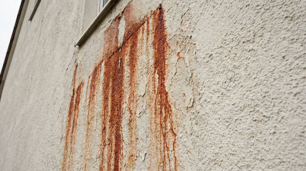 Façade en crépi clair présentant d'importantes coulures de rouille verticales sous le rebord d'une fenêtre.
