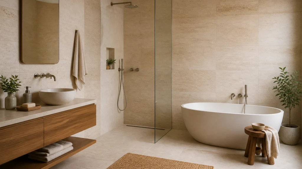 Illustration éditoriale pour l’article « Salle de bain travertin bois : créez votre spa en 2026 »