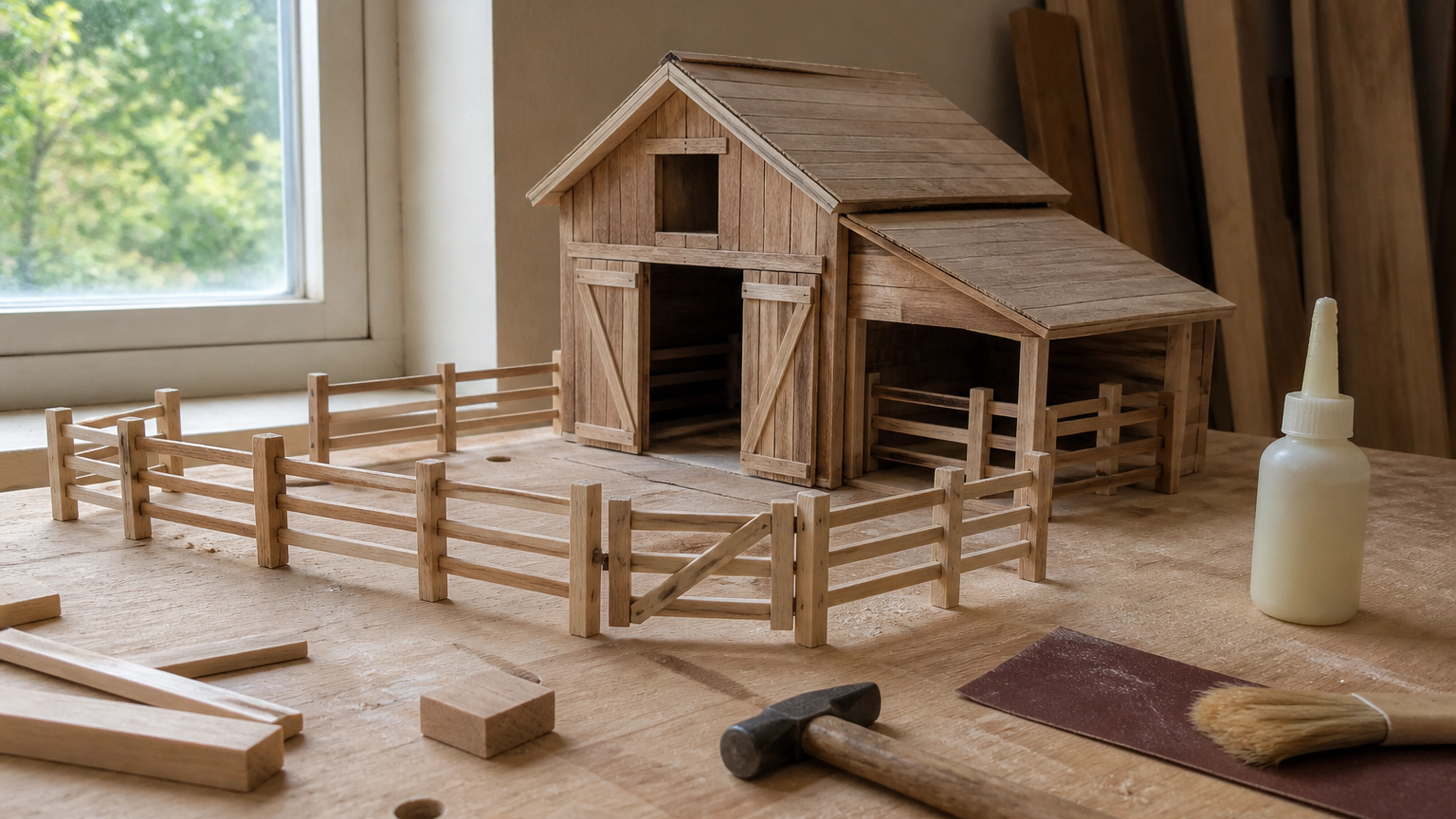 Illustration éditoriale pour l’article « Comment fabriquer une ferme miniature en bois réaliste »