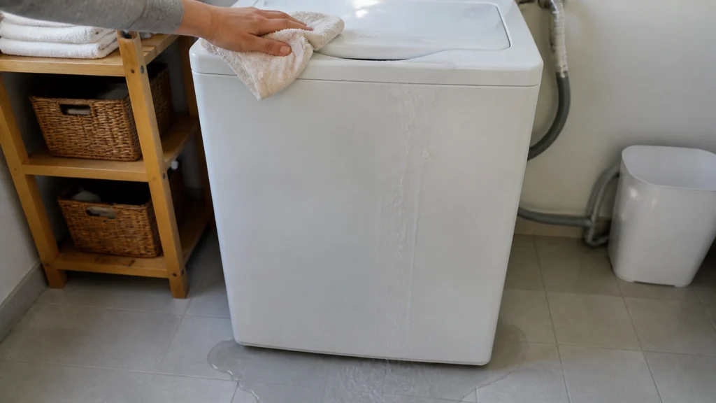 Illustration éditoriale pour l’article « Fuite machine à laver par le haut : causes et solutions »
