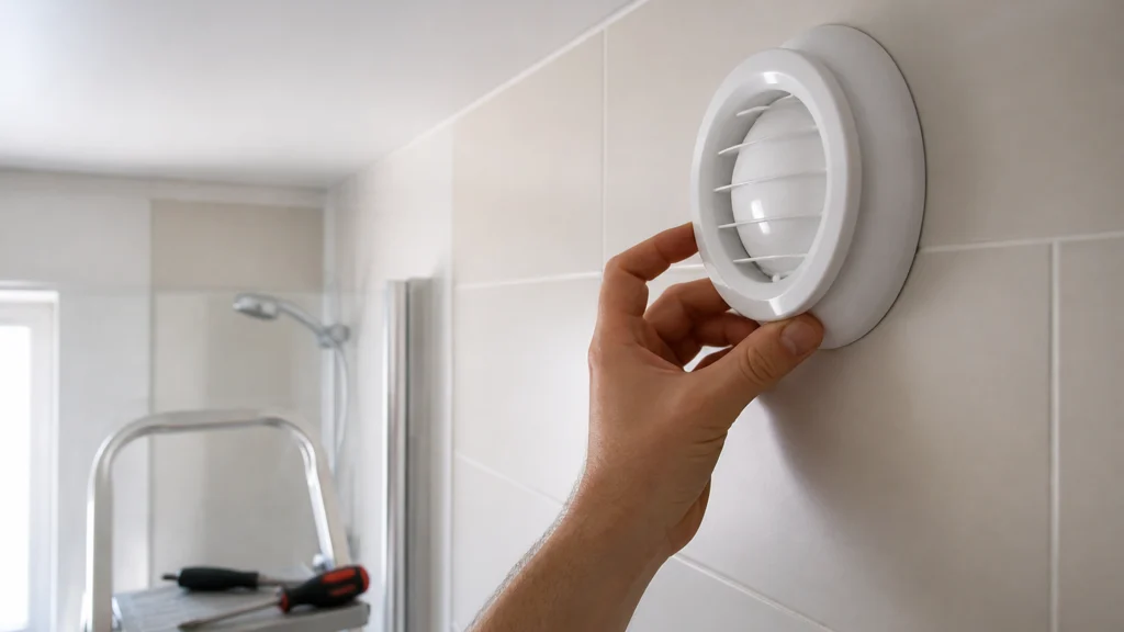 Illustration éditoriale pour l’article « Bien choisir et installer votre bouche VMC salle bain pile »
